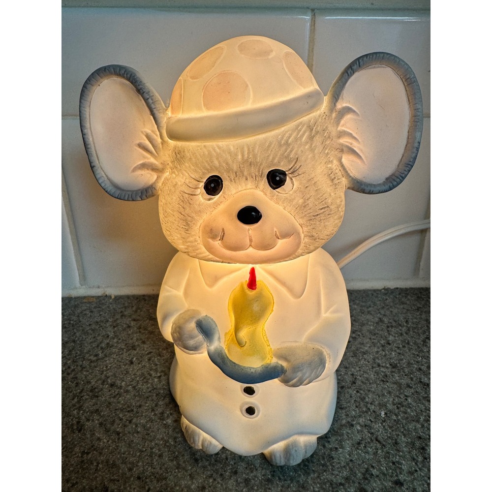 Vintage 1989 Giftco Porcelain Mouse Night Light Nursery Lamp Polka Dot Nightcap